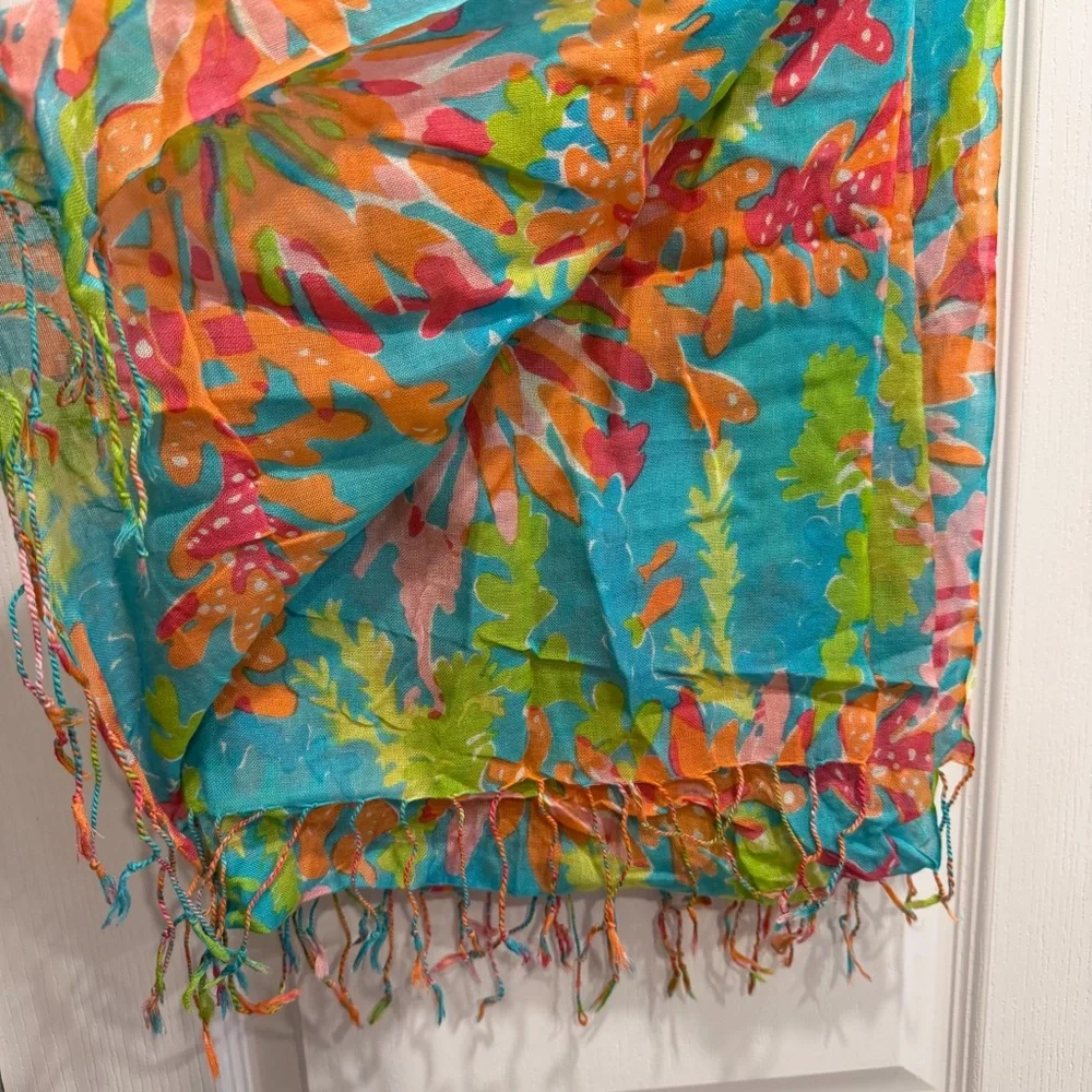 Lilly Pulitzer Murfee Crystal Waters Trippin & Sippin Fringe Scarf Silk Cashmere